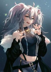 Rule 34 | 1girl, ahoge, animal ear fluff, animal ears, bare shoulders, belt, black jacket, black nails, blurry, bokeh, breasts, claw pose, cleavage, commission, cowboy shot, depth of field, ear piercing, eyelashes, fangs, fingernails, fur-trimmed jacket, fur trim, grey eyes, grey hair, hair between eyes, high collar, highleg, highres, hololive, jacket, jewelry, lion ears, lion girl, long fingernails, long hair, looking at viewer, medium breasts, messy hair, midriff, nail polish, necklace, off shoulder, open mouth, piercing, raijoo, second-party source, see-through, see-through cleavage, sharp fingernails, shishiro botan, shishiro botan (1st costume), side slit, sleeveless, solo, two side up, virtual youtuber, zipper