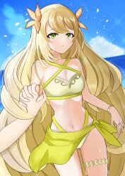 Rule 34 | 1girl, bare arms, bare shoulders, bikini, blonde hair, blue sky, bracelet, breasts, butterfly hair ornament, celine (fire emblem), cleavage, cloud, cloudy sky, commentary request, cowboy shot, criss-cross halter, fire emblem, fire emblem engage, glint, gluteal fold, green eyes, hair ornament, halterneck, highres, holding hands, jewelry, kojikoji (kojikoji illust), long hair, looking at viewer, navel, nintendo, no headwear, ocean, official alternate costume, pov, ring, sarong, sky, small breasts, smile, solo, solo focus, standing, stomach, swimsuit, thigh strap, thighs, very long hair, water, yellow bikini