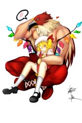 Rule 34 | 1boy, 1girl, ankle boots, arm around waist, ascot, bare pectorals, blonde hair, blush, boots, bow, crossover, crystal, demon wings, dress, fatal fury, fatuus, flandre scarlet, full body, griffon mask, hand on own chin, hat, hat bow, hat ribbon, heart, hetero, highres, hug, m.u.g.e.n, garou: mark of the wolves, mask, mob cap, muscular, pectorals, puffy short sleeves, puffy sleeves, red dress, red eyes, red footwear, ribbon, scratching head, topless male, shoelaces, short sleeves, side ponytail, signature, sitting, sitting on lap, sitting on person, skirt, skirt set, smile, snk, spandex, speech bubble, the king of fighters, the king of fighters 2003, the king of fighters xi, touhou, transparent background, vampire, wings, wrestler, wrestling mask, wrestling outfit