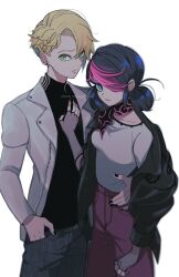 Rule 34 | 1boy, 1girl, adrien agreste, black jacket, black shirt, blazer, blonde hair, blue eyes, blue hair, closed mouth, denim, green eyes, hand in pocket, highres, jacket, jeans, looking at viewer, marinette dupain-cheng, miraculous ladybug, open clothes, open jacket, pants, pink pants, seio (nao miragggcc45), shirt, short hair, short twintails, simple background, twintails, white background, white jacket, white shirt