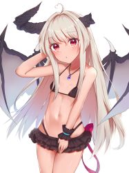 Rule 34 | 1girl, ahoge, bare arms, bare shoulders, bikini, bikini skirt, black bikini, blush, breasts, brown hair, commentary request, cowboy shot, hand up, heart, heart ahoge, highleg, horns, jewelry, long hair, looking at viewer, meuneyu, navel, necklace, original, parted lips, red eyes, scrunchie, small breasts, solo, swimsuit, very long hair, wings, wrist scrunchie