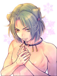 Rule 34 | 1boy, blurry, blurry background, closed mouth, frown, futsuhiko, green hair, hands up, harukanaru toki no naka de, harukanaru toki no naka de 4, jewelry, kiske, looking ahead, male focus, mizura, necklace, nipples, nude, own hands together, parted bangs, short hair, snowflakes, solo, upper body, white background, yellow eyes