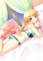 Rule 34 | 1girl, :d, ahoge, aqua bra, aqua panties, arm support, ass, barefoot, blonde hair, blush, bra, breasts, butt crack, courreges ace, curtains, frilled bra, frilled panties, frilled pillow, frills, green eyes, head rest, hoshii miki, idolmaster, idolmaster (classic), indoors, long hair, looking at viewer, looking back, lying, night, off shoulder, on stomach, open mouth, panties, pillow, scrunchie, side-tie panties, smile, solo, strap slip, underwear, underwear only, window