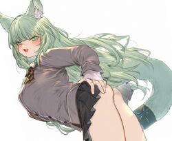 Rule 34 | 1girl, animal ear fluff, animal ears, arknights, ass, bow, bowtie, cardigan, cat ears, cat girl, cat tail, clothes lift, collared shirt, green eyes, grey cardigan, hand on own hip, harmonie (arknights), infection monitor (arknights), kochiya (gothope), long hair, long sleeves, miniskirt, pleated skirt, shirt, skirt, skirt lift, tail, tail ornament, tail ring, white background, white shirt