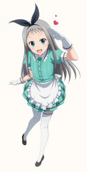 Rule 34 | 1boy, :3, absurdres, apron, aqua eyes, bad id, bad pixiv id, black bow, blend s, bow, center frills, crossdressing, dress, frills, full body, gloves, hairband, heart, highres, ishida seito, kanzaki hideri, looking at viewer, maid, male focus, open mouth, puffy short sleeves, puffy sleeves, salute, short sleeves, silver hair, smile, thighhighs, trap, waitress, wavy mouth, white gloves