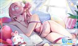 Rule 34 | 1girl, blue sodaart, bra, breasts, commission, earrings, hair between eyes, highres, jewelry, large breasts, lips, long hair, midriff, navel, original, panties, pillow, pink bra, pink hair, pink panties, smile, solo, stomach, underwear