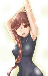 Rule 34 | 10s, 1girl, ;d, armpits, arms up, bodysuit, braid, breasts, brown hair, hai to gensou no grimgar, highres, long hair, looking at viewer, one eye closed, open mouth, red eyes, ryuusama, smile, solo, teeth, yume (grimgar)