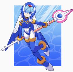 Rule 34 | 1girl, android, blue background, blue eyes, breasts, facing viewer, gloves, helmet, highres, holding, holding weapon, fairy leviathan (mega man), light smile, medium breasts, mega man (series), mega man zero (series), omeehayo, solo, tagme, water, weapon, white gloves