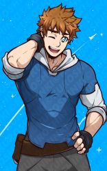 Rule 34 | 1boy, absurdres, arm behind head, bara, blue background, blue eyes, gloves, highres, kuroshinki, looking at viewer, male focus, muscular, muscular male, one eye closed, original, pants, shirt, simple background, smile, solo