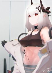 Rule 34 | 1girl, arknights, armpit crease, bare shoulders, black collar, black gloves, black sports bra, blush, breasts, collar, collarbone, commentary request, covered erect nipples, cowboy shot, dated, ear piercing, gloves, groin, hair between eyes, hair ornament, highres, horns, indoors, infection monitor (arknights), jumpsuit, large breasts, long hair, looking at viewer, material growth, mudrock (arknights), mudrock (elite ii) (arknights), navel, no panties, ochako (kemomimiochanu), open jumpsuit, oripathy lesion (arknights), parted lips, partial commentary, piercing, pointy ears, red eyes, sarashi, sidelocks, signature, silver hair, solo, sports bra, standing, steam, stomach, sweat, white jumpsuit