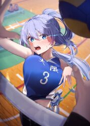 Rule 34 | 1girl, 1other, :o, ball, blue eyes, blue hair, blue shirt, blush, breasts, highres, jumping, large breasts, legs up, long hair, looking at viewer, original, playing sports, ponytail, pov, pov hands, shirt, shoes, sleeveless, sleeveless shirt, sneakers, solo, sportswear, vegetablenabe, very long hair, volleyball, volleyball (object), volleyball net, volleyball uniform