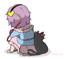 Rule 34 | 1girl, black cat, blue jacket, bow, cat, hair ornament, heart, heart hair ornament, jacket, kaenbyou rin, komeiji satori, multiple tails, noai nioshi, pink hair, pink skirt, purple hair, red bow, shadow, short hair, signature, sitting, skirt, slippers, tail, touhou, two tails, whiskers, white background