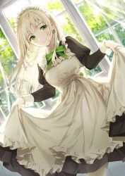 Rule 34 | 1girl, apron, black dress, blonde hair, blush, commentary request, day, dress, earrings, green eyes, green ribbon, highres, indoors, jewelry, long hair, long sleeves, looking at viewer, maid, maid apron, maid headdress, original, rangu, ribbon, smile, solo, sunlight, window