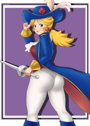 Rule 34 | 1girl, absurdres, alternate costume, alternate form, ass, blonde hair, blue eyes, blush, boots, breasts, coat, earrings, from behind, gummslime, hat, highres, jewelry, large breasts, long hair, looking at viewer, low ponytail, mario (series), nintendo, pants, pantylines, ponytail, princess peach, princess peach: showtime!, rapier, sideboob, smile, solo, sword, swordfighter peach, tight clothes, tight pants, weapon