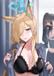 Rule 34 | 2girls, animal ear fluff, animal ears, black bra, black eyes, black hair, blue archive, blue eyes, blunt bangs, blurry, blush, bra, breasts, cleavage, cliov, collarbone, collared shirt, commentary request, depth of field, dog ears, dog girl, hair over one eye, halo, highres, kanna (blue archive), large breasts, light brown hair, long hair, looking at another, looking at viewer, mask, mouth mask, multiple girls, police, police uniform, policewoman, school uniform, serafuku, sharp teeth, shirt, side ponytail, sidelocks, sukeban (smg) (blue archive), sweat, teeth, underwear, undressing, uniform