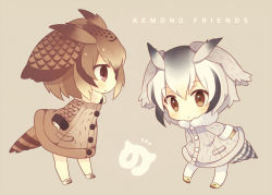 Rule 34 | 10s, 2girls, ^^^, arms at sides, bad id, bad pixiv id, beige background, blonde hair, blush, brown eyes, brown hair, buttons, chibi, coat, collar, copyright name, eurasian eagle owl (kemono friends), expressionless, from side, full body, fur collar, gradient hair, grey background, grey hair, head wings, japari symbol, kemono friends, konno (pixiv 23416142), light brown hair, long sleeves, looking at another, looking at viewer, mary janes, multicolored hair, multiple girls, no nose, northern white-faced owl (kemono friends), pantyhose, pocket, profile, romaji text, shoes, short hair, simple background, sleeve cuffs, standing, tail, tsurime, white hair, white legwear, wings
