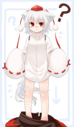 Rule 34 | 1girl, ?, aged down, albino, animal ear fluff, animal ears, blush, hat, highres, inubashiri momiji, kibisake, long sleeves, looking at viewer, oversized clothes, panties, panty pull, pom pom (clothes), red eyes, s katsuo, shirt, short hair, simple background, skirt, unworn skirt, solo, string, tail, tokin hat, touhou, underwear, white hair, wide sleeves, wolf ears, wolf tail