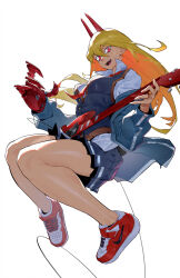 Rule 34 | 1girl, absurdres, bearthemighty, blonde hair, chainsaw man, claws, collared shirt, demon girl, demon horns, electric guitar, guitar, hair between eyes, highres, horns, instrument, knees together feet apart, legs, long hair, looking at viewer, mechanical arms, midair, necktie, nike, off shoulder, pleated skirt, power (chainsaw man), red horns, red necktie, ringed eyes, sharp teeth, shirt, shoes, simple background, skirt, sneakers, sweater vest, teeth, white background