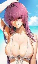 Rule 34 | 1girl, arm up, armpits, bare arms, bare shoulders, bikini, blush, breasts, cleavage, collarbone, commentary, damda, fate/grand order, fate (series), long hair, ocean, outdoors, parted lips, purple eyes, purple hair, scathach (fate), sideboob, smile, swimsuit, symbol-only commentary, upper body, water, wet, white bikini