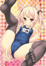 Rule 34 | 1girl, animal ears, black thighhighs, blonde hair, brown eyes, cameltoe, cat ears, cat tail, cleft of venus, dog ears, dog tail, feet, leg up, name tag, no shoes, one-piece swimsuit, original, red eyes, ryo (botugo), school swimsuit, seductive smile, short hair, smile, soles, solo, spread legs, swimsuit, tail, thighhighs, toes, twintails