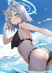 Rule 34 | 1girl, animal ear fluff, animal ears, ass, blue archive, blue eyes, blush, breasts, cross hair ornament, extra ears, grey hair, hair ornament, halo, highres, looking at viewer, medium breasts, medium hair, mismatched pupils, nohohon neko, outdoors, shiroko (blue archive), solo, swimsuit, thighs, wading, water, wolf ears