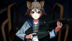 Rule 34 | 1girl, animal ears, blouse, blue sailor collar, brown hair, closed mouth, commentary, dark, dog ears, drum magazine, english commentary, frown, gun, hair flaps, heavy machine gun, highres, kogarashi51, long sleeves, looking at viewer, machine gun, magazine (weapon), mixed-language commentary, miyafuji yoshika, sailor collar, shirt, short hair, solo, strike witches, trigger discipline, type 99 cannon, weapon, white shirt, world witches series