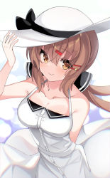 Rule 34 | 1girl, absurdres, alternate costume, bare shoulders, black bow, bow, breasts, brown eyes, brown hair, cleavage, collarbone, commentary request, dress, fathom, hair bow, hair ornament, hairclip, hand on headwear, hat, highres, kantai collection, long hair, looking at viewer, low twintails, medium breasts, sleeveless, sleeveless dress, smile, solo, sun hat, sundress, tashkent (kancolle), twintails, white dress