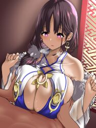 Rule 34 | 1boy, 1girl, akure ekuto, azur lane, black hair, breasts, cleavage, clothed female nude male, commentary request, commission, earrings, grabbing, grabbing another&#039;s breast, heavy breathing, hetero, highres, huge breasts, indoors, jewelry, motion lines, nude, open mouth, paizuri, paizuri under clothes, parted lips, pink eyes, pov, short hair, skeb commission, solo focus, ting an (azur lane), variant set