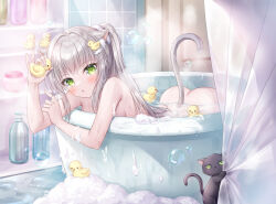 Rule 34 | 1girl, :o, ass, bath, bathing, bathroom, bathtub, black cat, blush, bubble, cat, cat tail, commentary request, completely nude, green eyes, holding, kohinata hoshimi, long hair, looking at viewer, nude, original, parted lips, partially submerged, ponytail, rubber duck, sidelocks, soap bubbles, solo, tail, tile wall, tiles, water, wet