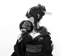Rule 34 | black eyes, black hair, breasts, hair bun, hair ornament, hair stick, hand fan, holding, holding fan, japanese clothes, kimono, large breasts, library of ruina, looking at viewer, mole, mole on breast, obi, paper fan, project moon, sash, sayo (library of ruina), shoulder tattoo, sidelocks, simple background, sweat, tattoo, uchiwa, upper body, white background, yono neie