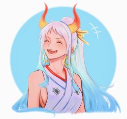 Rule 34 | +++, 1girl, aqua hair, blue hair, breasts, circle, commentary, dcdc 28h, earrings, hair ornament, highres, horns, japanese clothes, jewelry, kimono, multicolored hair, one piece, open mouth, ponytail, red horns, sideboob, sidelocks, sleeveless, sleeveless kimono, smile, solo, white hair, white kimono, yamato (one piece)