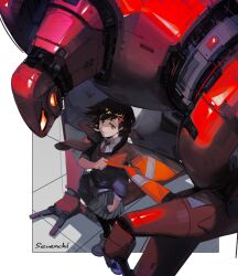 Rule 34 | 1girl, black hair, border, commentary, english commentary, expressionless, from above, grey skirt, hair ornament, hairclip, highres, jacket, looking afar, marvel, mecha, necktie, outside border, peni parker, pleated skirt, red eyes, robot, sevenchi, shirt, signature, skirt, solo, sp//dr, spider-man: across the spider-verse, spider-man (series), spider-verse, sweater, white border, white shirt