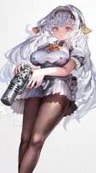 Rule 34 | 1girl, black pantyhose, feet out of frame, from below, gradient background, gun, holding, holding gun, holding weapon, long hair, looking at viewer, original, pantyhose, pleated skirt, red eyes, shadow, skirt, solo, voruvoru, weapon, white background, white hair