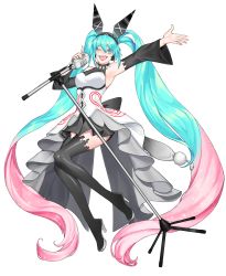 Rule 34 | 1girl, absurdly long hair, absurdres, armpits, bare shoulders, blue eyes, blue hair, boots, breasts, commentary request, detached sleeves, dress, full body, gradient hair, hair between eyes, hara (hersheel245), hatsune miku, headband, high heel boots, high heels, highres, long hair, looking at viewer, medium breasts, microphone, microphone stand, multicolored hair, one eye closed, open mouth, pink hair, skirt, solo, teeth, thigh boots, thighhighs, transparent background, twintails, two-tone hair, very long hair, vocaloid