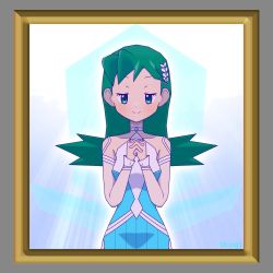 Rule 34 | 1girl, blue dress, collarbone, cowboy shot, creatures (company), dress, game freak, green hair, halter dress, halterneck, highres, kris (pokemon), kris (sygna suit) (pokemon), looking at viewer, nintendo, official alternate costume, own hands clasped, own hands together, parted lips, pokemon, pokemon masters ex, shiogi (riza 49), smile, solo