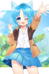 Rule 34 | 1girl, ;d, animal ear fluff, animal ears, arm up, blue eyes, blue hair, blue skirt, blue sky, blush, brown jacket, cloud, collared shirt, commission, copyright request, day, dress shirt, fang, highres, jacket, long hair, long sleeves, one eye closed, open clothes, open jacket, open mouth, outstretched arm, parted bangs, pleated skirt, ponytail, puffy long sleeves, puffy sleeves, shikito (yawa0w0), shirt, skeb commission, skirt, sky, smile, solo, tail, transparent, white shirt