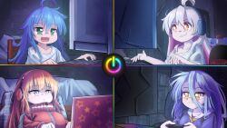 Rule 34 | 4girls, :&lt;, :3, :d, ahoge, bags under eyes, blonde hair, blue hair, chair, cola, colored inner hair, commentary, computer, controller, crossover, english commentary, gabriel dropout, gabriel tenma white, game controller, gaming chair, genderswap, genderswap (mtf), green eyes, grey eyes, grey hair, grin, hair between eyes, headphones, highres, indoors, izumi konata, jacket, keyboard (computer), laptop, light particles, long hair, lucky star, messy hair, mole, mole under eye, monitor, multicolored hair, multiple crossover, multiple girls, night, no game no life, o3o, off shoulder, onii-chan wa oshimai!, open mouth, orange eyes, oversized clothes, oversized shirt, oyama mahiro, pink hair, power symbol, rion (user ufvg8527), school uniform, serafuku, shiro (no game no life), shirt, smile, star (symbol), star print, swivel chair, t-shirt, track jacket, trait connection, two-tone hair, white shirt, yellow eyes