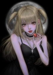 Rule 34 | 1girl, amane misa, bare shoulders, black choker, black dress, blonde hair, chain necklace, choker, closed mouth, death note, dress, eyebrows hidden by hair, eyeshadow, food, fruit, full moon, highres, holding, holding food, holding fruit, jewelry, lips, long hair, looking at viewer, makeup, moon, nail polish, necklace, red nails, solo, strawberry, twintails, upper body, zzyeri