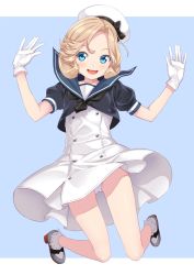 Rule 34 | 1girl, arms up, black neckwear, blonde hair, blue background, blue eyes, blue sailor collar, dress, gloves, hat, janus (kancolle), jumping, kantai collection, kumadano, looking at viewer, open mouth, parted bangs, sailor collar, sailor dress, sailor hat, short hair, short sleeves, smile, solo, two-tone background, white dress, white gloves, white hat