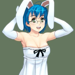 Rule 34 | 1girl, :d, animal ears, armpits, arms up, bad id, bad pixiv id, bare shoulders, blue hair, bow, breasts, cleavage, dress, elbow gloves, female focus, glasses, gloves, green eyes, happy, kouno (masao), looking at viewer, medium breasts, open mouth, rabbit ears, rabbit girl, ribbon, short hair, simple background, smile, solo, strapless, strapless dress, teeth, upper body