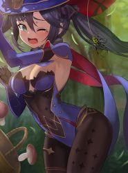 Rule 34 | 1girl, akira (aristole), arm up, armpits, basket, black ribbon, blue dress, blue hat, blue ribbon, blurry, blurry background, blush, breasts, bug, cleavage, commentary, cowboy shot, d;, dress, dropping, genshin impact, grass, green eyes, hair between eyes, hair ribbon, hat, highres, leaning forward, long hair, looking at animal, looking to the side, medium breasts, mona (genshin impact), mushroom, one eye closed, open mouth, pantyhose, red ribbon, ribbon, scared, screaming, sidelocks, solo, spider, standing, tree, twintails, two-tone ribbon, witch hat