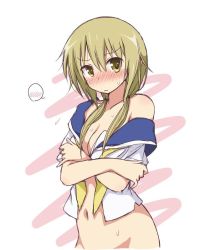 Rule 34 | 1girl, angry, bare shoulders, blush, breasts, cleavage, ichii yui, looking at viewer, low twintails, medium breasts, medium hair, mel (melty pot), naked shirt, navel, necktie, off shoulder, school uniform, serafuku, shirt, solo, speech bubble, spoken blush, standing, sweat, twintails, yellow necktie, yuyushiki
