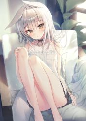Rule 34 | 1girl, :o, animal ear fluff, animal ears, armchair, bare arms, bare shoulders, black skirt, blush, brown eyes, chair, commentary, covered collarbone, feet out of frame, fox ears, frilled shirt, frills, grey hair, hair between eyes, highres, indoors, knees up, kuro futoshi, long hair, looking at viewer, on chair, original, parted lips, plant, pleated skirt, revision, shirt, sitting, skirt, sleeveless, sleeveless shirt, solo, very long hair, white shirt, window
