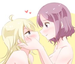 Rule 34 | 2girls, ahoge, blonde hair, blue eyes, blush, breasts, cleavage, eye contact, facing another, hands on another&#039;s face, heart, imminent kiss, long hair, looking at another, multiple girls, new game!, nude, pink hair, profile, purple eyes, short hair, smile, tooyama rin, upper body, yagami kou, yuri, yuuki (yunky373)