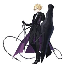 Rule 34 | 1boy, black pants, black suit, blonde hair, blue eyes, chain, coat, counter:side, formal, full body, highres, holding, holding chain, holding shield, male focus, official alternate costume, official alternate hairstyle, official art, pants, roy burnett, shield, short hair, simple background, suit, tachi-e, transparent background, trench coat