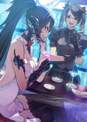 Rule 34 | 2girls, absurdres, ashtray, au ra, bar (place), black gloves, black thighhighs, brown eyes, choker, cigarette, cocktail glass, crossed legs, cup, dragon horns, dress, drinking glass, earrings, final fantasy, final fantasy xiv, glasses, gloves, halterneck, heart, heart choker, hide (hideout), highres, holding, holding cigarette, horns, hyur, jewelry, lips, long hair, multiple girls, open mouth, ponytail, puffy short sleeves, puffy sleeves, red eyes, round eyewear, scales, short sleeves, thighhighs, twintails, warrior of light (ff14), white dress