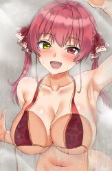 Rule 34 | 1girl, :d, against glass, arm up, bikini, blush, breast press, breasts, breasts on glass, collarbone, fang, grey background, heterochromia, hololive, houshou marine, kenja panda, large breasts, navel, open mouth, red bikini, red eyes, red hair, smile, solo, steam, stomach, swimsuit, twintails, untied bikini, upper body, virtual youtuber, wet, yellow eyes