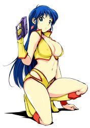 Rule 34 | 1girl, arm up, blue eyes, blue hair, boots, bracelet, breasts, cleavage, commentary request, covered erect nipples, crop top, dirty pair, earrings, eyebrows, gloves, gun, holding, holding gun, holding weapon, jewelry, katori (mocchidou), knee boots, large breasts, looking at viewer, midriff, navel, on one knee, short shorts, shorts, single glove, solo, squatting, thighs, weapon, white background, yellow footwear, yellow gloves, yuri (dirty pair)