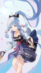 Rule 34 | 1girl, absurdres, armor, ayaka (genshin impact), blue eyes, blue hair, blue jacket, blue skirt, breastplate, bridal gauntlets, collarbone, feet out of frame, floating hair, folding fan, genshin impact, hair ornament, hand fan, highres, holding, holding fan, jacket, long hair, open clothes, open jacket, petals, pleated skirt, ponytail, skirt, solo, very long hair, xianluojimaomao2333