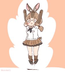 Rule 34 | 1girl, animal ears, arms up, bow, bowtie, brown hair, coroha, elbow gloves, extra ears, full body, gloves, japanese hare (kemono friends), jumping, kemono friends, long hair, looking at viewer, pink background, rabbit ears, rabbit girl, rabbit tail, sailor collar, shirt, shoes, simple background, skirt, socks, solo, tail